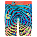 Introducing the Ethika Men's Black Light Staple Fit boxer briefs, a vibrant and colorful pair featuring an abstract swirl pattern with hues of blue, pink, yellow, and black. The high-quality jacquard waistband is bright orange with the "Ethika" branding in blue. Crafted from 90% polyester and 10% spandex for ultimate comfort.