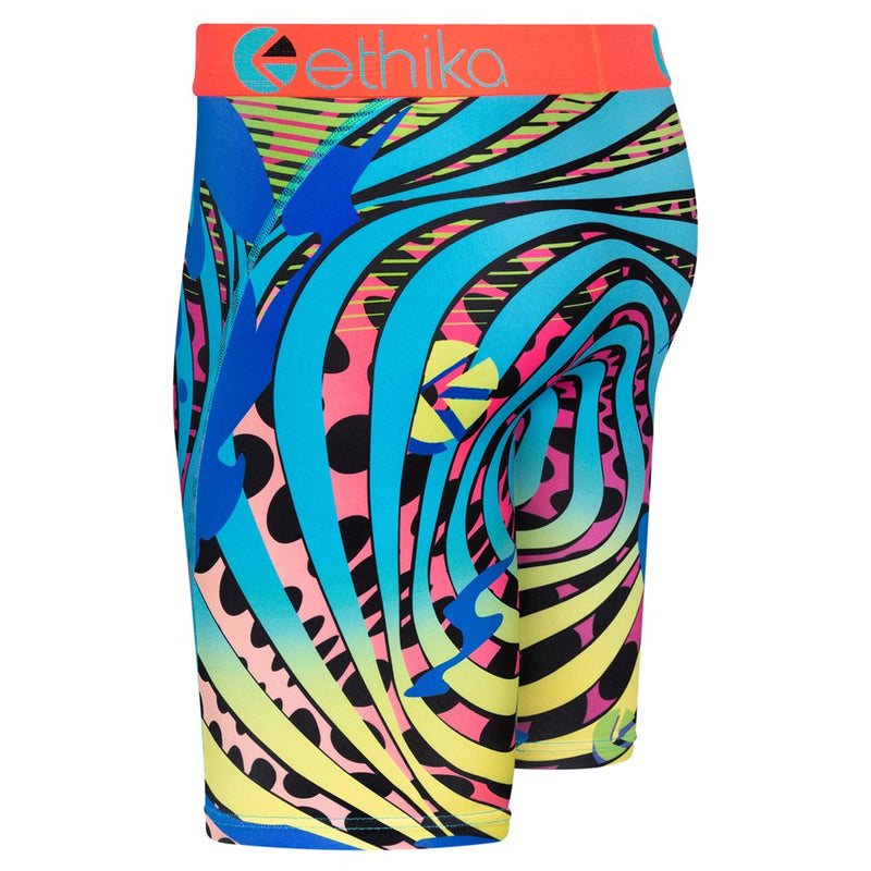 Introducing the Ethika Men's Black Light Staple Fit boxer briefs, a vibrant and colorful pair featuring an abstract swirl pattern with hues of blue, pink, yellow, and black. The high-quality jacquard waistband is bright orange with the "Ethika" branding in blue. Crafted from 90% polyester and 10% spandex for ultimate comfort.