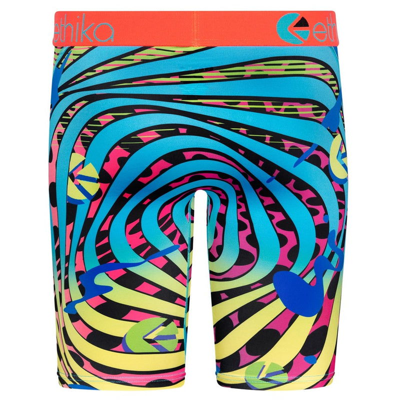 Introducing the Ethika Men's Black Light Staple Fit boxer briefs, a vibrant and colorful pair featuring an abstract swirl pattern with hues of blue, pink, yellow, and black. The high-quality jacquard waistband is bright orange with the "Ethika" branding in blue. Crafted from 90% polyester and 10% spandex for ultimate comfort.