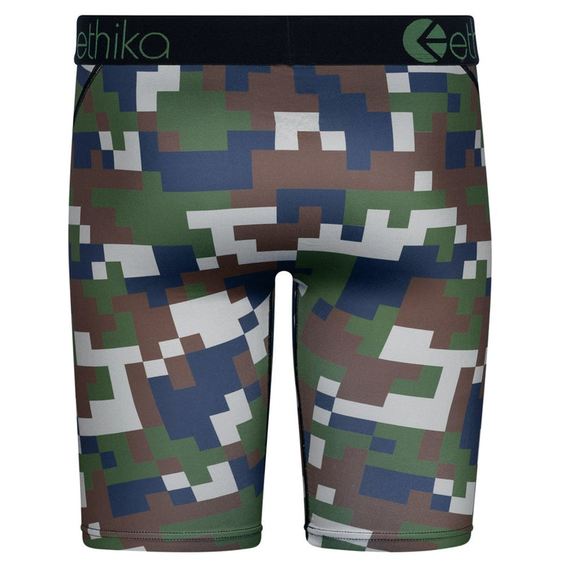 The Ethika Mens Bomber Digi Staple Fit boxer briefs by Ethika showcase a digital camouflage pattern in green, brown, and dark blue tones. The design prominently features a large pixelated shark mouth graphic that extends from the front to the side. These boxer briefs come with a high-quality jacquard waistband and offer an unmatched staple fit with 4-way stretch fabric.