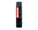 A black aerosol can of Motul Shine & Go Spray 400ml with a red and white label. The text on the label reads "Motul" in white, "SHINE & GO SPRAY" in blue, "E10" in green, and highlights that it is a "fat brilliant" motorcycle polish for providing a protective sheen to motorcycle fairings.