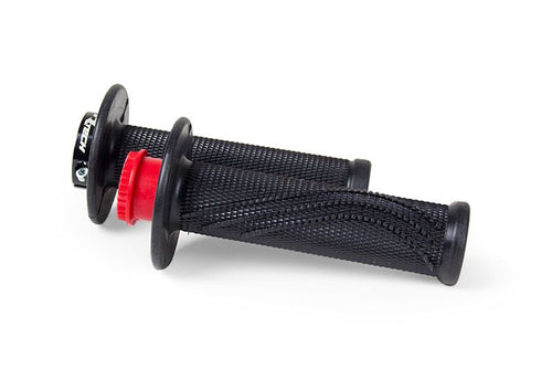 A pair of HANDLEBAR GRIPS RTECH R20 LOCK ON BLACK for Beta models with textured, anti-slip ergonomic surfaces. One grip features a red end cap, while the other has a CNC aluminum bolt-on collar adorned with the brand logo. They are displayed on a white background.