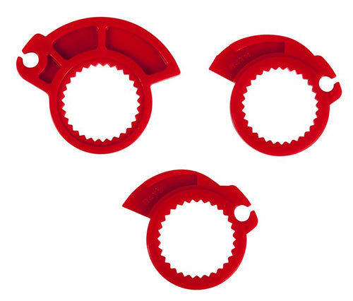 A pair of HANDLEBAR GRIPS RTECH R20 LOCK ON BLACK for Beta models with textured, anti-slip ergonomic surfaces. One grip features a red end cap, while the other has a CNC aluminum bolt-on collar adorned with the brand logo. They are displayed on a white background.