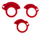 A pair of HANDLEBAR GRIPS RTECH R20 LOCK ON BLACK for Beta models with textured, anti-slip ergonomic surfaces. One grip features a red end cap, while the other has a CNC aluminum bolt-on collar adorned with the brand logo. They are displayed on a white background.