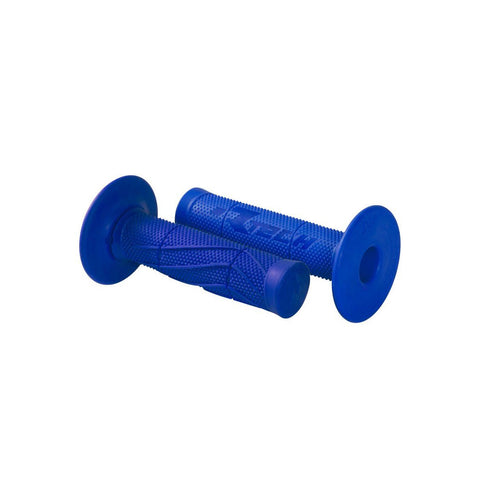 A pair of HANDLEBAR GRIPS RTECH WAVE SOFT GRIPS BLUE by RTECH, featuring a bright blue color, ergonomic design, textured surface, and flared ends to provide a secure and comfortable grip, placed on a white background.