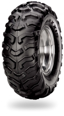 The Maxxis M978 24X10X11 is a rugged, black tire crafted specifically for off-road vehicles. It features deep, aggressive treads designed to enhance traction and boasts a shiny metal rim. The bold, angular patterns on the rubber surface signify durability and performance in tough terrains—making it an ideal choice for classic ATVs.