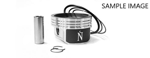 A metallic cylindrical component with grooves and a black label featuring a white "N" is placed horizontally on a white background. This high-performance piston, similar to the ones in the PISTON KIT NAMURA KX250 92-04 66.35MM by NAMURA, is accompanied by additional parts: a rod, two circular clips, and a coiled spring. Text in the image reads "SAMPLE IMAGE.