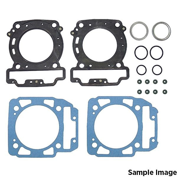 The NAMURA GASKET SET TOP for KTM250SXF 05-12, 250XCF, 250EXCF 07-13, and HUSABERG FE250 2013 comprises OE-spec engine gasket components. This set includes two black gasket rings featuring multiple attachment points, two blue gasket rings with a simpler design, two circular metal rings, and various small O-rings and grommets made from non-asbestos Nitrile Butadiene. The text "Sample Image" appears in the corner.