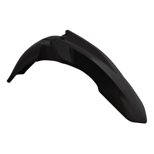 The FRONT FENDER RTECH HONDA CRF250R 10-13 CRF450R 09-12 BLACK by RTECH is a sleek motorcycle front fender with a streamlined design. Ideal for use with the CRF450R (2009-2012) and CRF250R (2010-2013) models, it features smooth, curved contours and upper mounting holes for easy attachment. Designed to cover the front wheel, it protects against debris and water effectively.