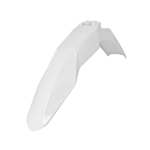 The white plastic FRONT FENDER RTECH GASGAS MC125 MC250 MC250F MC350F MC450F EC250 EC300 EC250F EC450F 21-22, with its sleek, angular design, lies against a plain white background. This front fender from RTECH features smooth curves and a sharp, pointed end, designed to fit on the front of various GasGas motorcycle models like the MC250 and provides protection from mud and debris.