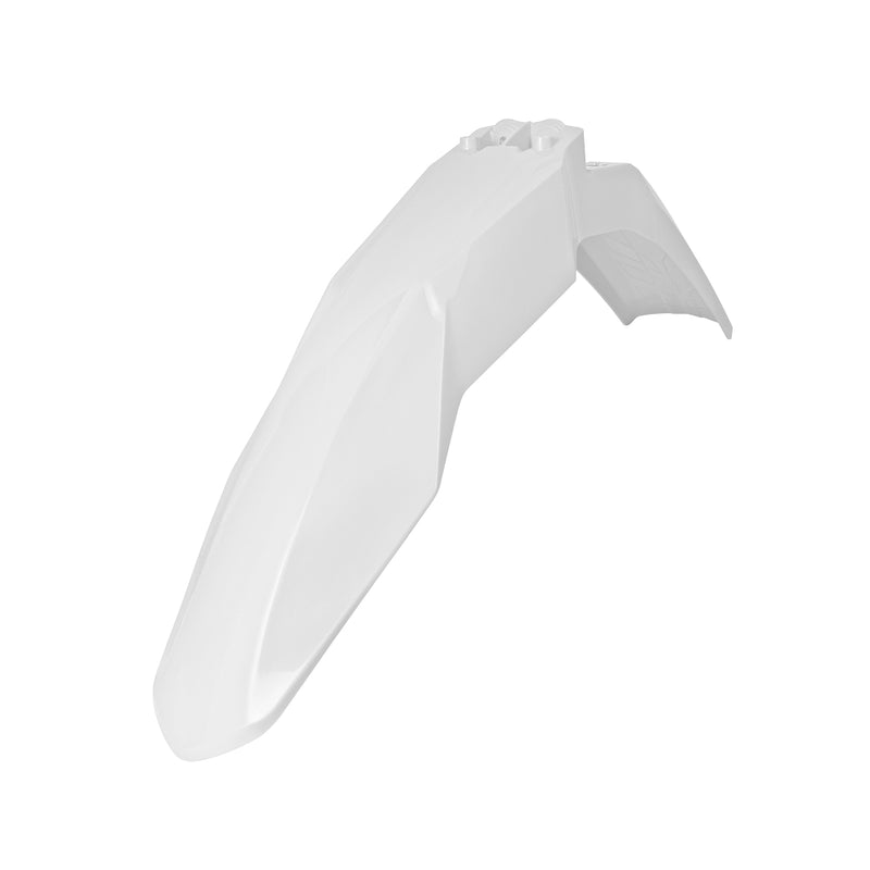 The white plastic FRONT FENDER RTECH GASGAS MC125 MC250 MC250F MC350F MC450F EC250 EC300 EC250F EC450F 21-22, with its sleek, angular design, lies against a plain white background. This front fender from RTECH features smooth curves and a sharp, pointed end, designed to fit on the front of various GasGas motorcycle models like the MC250 and provides protection from mud and debris.