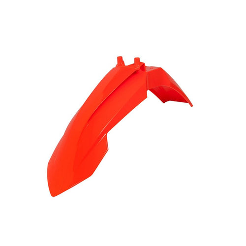 The FRONT FENDER RTECH KTM 65SX 16-21 ORANGE from RTECH is a bright orange front fender for a dirt bike, featuring a sleek, aerodynamic design with two top-mounted tabs. This fender showcases sharp, angular lines and extends downward to provide protection against mud and debris, specifically fitting the KTM 65SX models from 2016 to 2021.