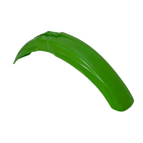 The RTECH FRONT FENDER for Kawasaki KX125, KX250, KX500 (93-02), KDX200 (93-07), and KLX250/KLX300 (89-08) features a smooth, curved design in green plastic. This sleek fender appears to be new and unmounted, with visible mounting points at the top. Its glossy finish reflects light beautifully, highlighting its clean and stylish surface—an ideal fit for your Kawasaki bike.