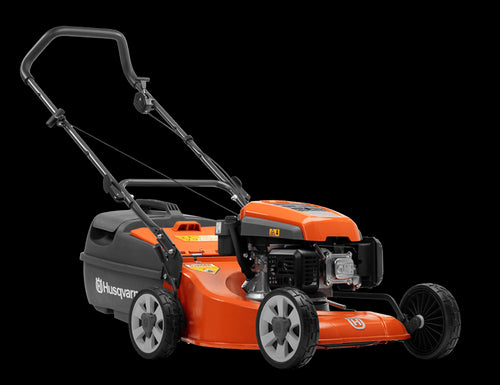 An orange and black Husqvarna LC419A Lawn Mower with a grass collection bag on the rear. Perfect for any outdoors enthusiast, this power tool features a push handle, four wheels, and a metal cutting deck. The Husqvarna logo is prominently displayed on the side of the bag.