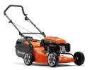 An orange and black Husqvarna LC419A Lawn Mower with a grass collection bag on the rear. Perfect for any outdoors enthusiast, this power tool features a push handle, four wheels, and a metal cutting deck. The Husqvarna logo is prominently displayed on the side of the bag.