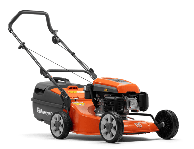 An orange and black Husqvarna LC419A Lawn Mower with a grass collection bag on the rear. Perfect for any outdoors enthusiast, this power tool features a push handle, four wheels, and a metal cutting deck. The Husqvarna logo is prominently displayed on the side of the bag.