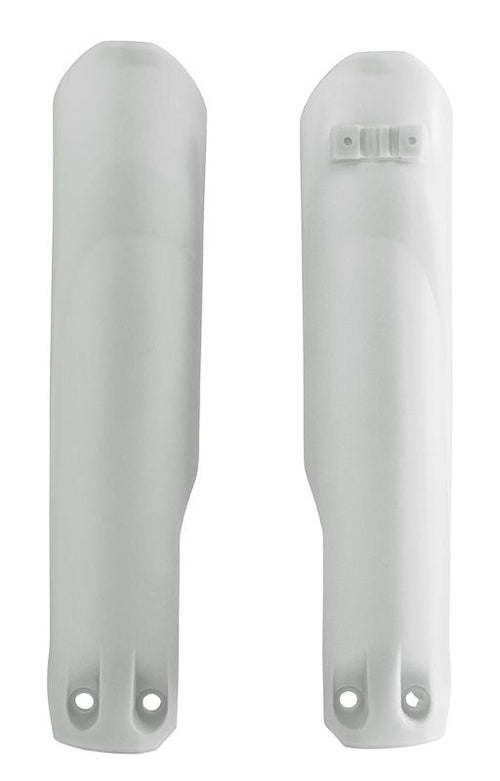 The FORK PROTECTORS RTECH BETA 20-22 WHITE by RTECH are shown. These white plastic protectors, resembling traditional bicycle fenders, help prevent mud and water from splashing up onto the cyclist. The protector on the left features two mounting holes, while the one on the right includes a clip for easy attachment to the bike.