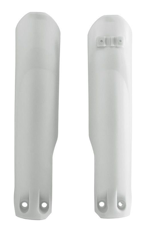 The FORK PROTECTORS RTECH BETA 20-22 WHITE by RTECH are shown. These white plastic protectors, resembling traditional bicycle fenders, help prevent mud and water from splashing up onto the cyclist. The protector on the left features two mounting holes, while the one on the right includes a clip for easy attachment to the bike.