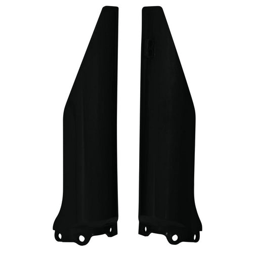 A pair of RTECH black plastic fork protectors, designed for Kawasaki KX125 and KX250 (04-06) as well as Suzuki RMZ250 (04-06) models, stand upright. Each protector is long and slender, crafted to shield the front suspension forks of a dirt bike. The bottom section features mounting holes for easy attachment, making them perfect for Suzuki RMZ250 from 2004 to 2006.