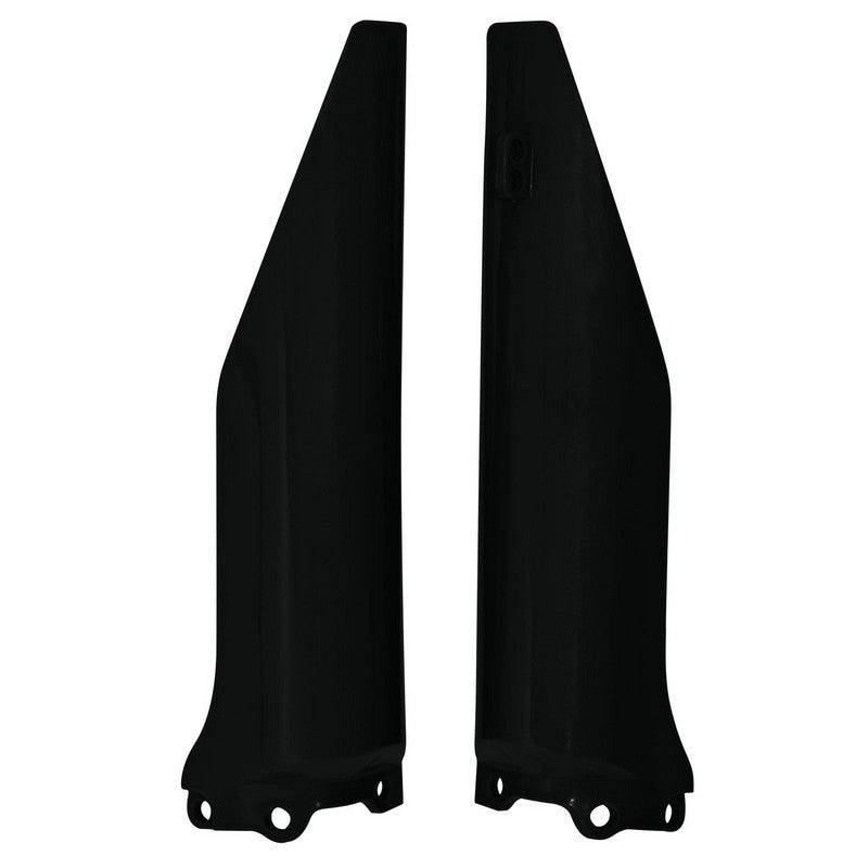 A pair of RTECH black plastic fork protectors, designed for Kawasaki KX125 and KX250 (04-06) as well as Suzuki RMZ250 (04-06) models, stand upright. Each protector is long and slender, crafted to shield the front suspension forks of a dirt bike. The bottom section features mounting holes for easy attachment, making them perfect for Suzuki RMZ250 from 2004 to 2006.