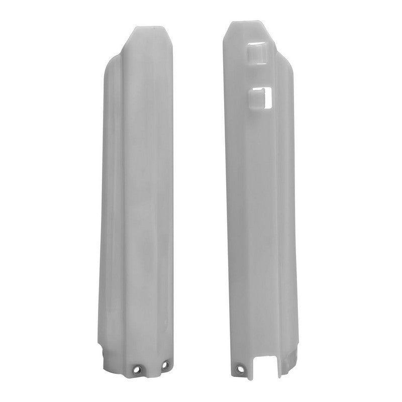 Two white plastic side panels, commonly used for motorcycle fairing, are depicted. One panel has two rectangular cutouts while the other does not. Both panels have mounting holes at the bottom and feature various indents and contours in their design, ideal for FORKPROTECTORS-GUARDS RTECH YZ125 YZ250 98-04 YZ250F YZ400F YZ426F YZ450F WR250F WR400F WR426F 96-04 models from RTECH.