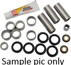 Image of various mechanical components including sleeves, bearings, and seals, displayed alongside a tube of Vertex grease. Text at the bottom reads "Sample pic only." This could be an ideal example of a Vertex Linkage Bearing Kit for perfecting your suspension linkage on Kawasaki KX80 98-00, KX85 01-21, and KX100 98-19.