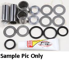 A collection of mechanical parts including cylindrical bearings, washers, and seals, arranged neatly. A tube labeled "Pivot Works" lies at the bottom. Text in the image reads "Sample Pic Only." This Swingarm Bearing Kit by VERTEX includes grease and is perfect for any suspension restoration project on Kawasaki KLX450R 08-09, KX250F 06-16, and KX450F 06-15.