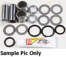 A collection of mechanical parts including cylindrical bearings, washers, and seals, arranged neatly. A tube labeled "Pivot Works" lies at the bottom. Text in the image reads "Sample Pic Only." This Swingarm Bearing Kit by VERTEX includes grease and is perfect for any suspension restoration project on Kawasaki KLX450R 08-09, KX250F 06-16, and KX450F 06-15.