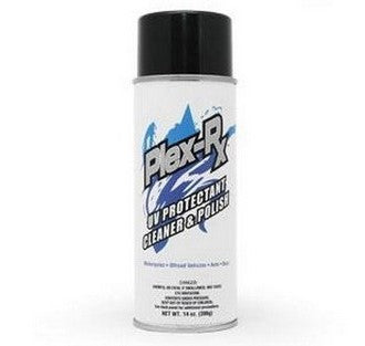 An aerosol can of HARDLINE PLEX-RX UV Protectant Cleaner & Polish features a black cap and a blue and white label with the product name and description. This advanced formula offers superior protection for plastics, providing 100% UVA and UVB protection, and contains 14 fluid ounces (398 grams) of cleaner and polish.