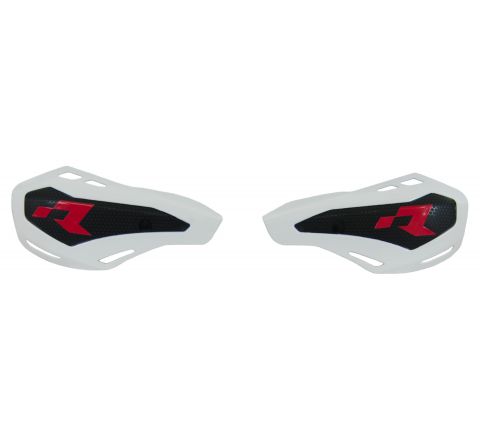 White motorcycle handguards with a striking red "R" logo, designed for KTM and Husqvarna, perfect for fans of RTECH's HP1 series.