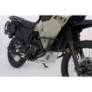 A close-up view of a Kawasaki KLR650 motorcycle featuring the CRASH BARS SW MOTECH KAWASAKI KLR650 22-23 by SW MOTECH. The image captures the front and side profile, showcasing the bike's beige and black color scheme, rugged tires, front suspension, engine guard, SW-MOTECH crash bars, and rear luggage rack against a plain white background.