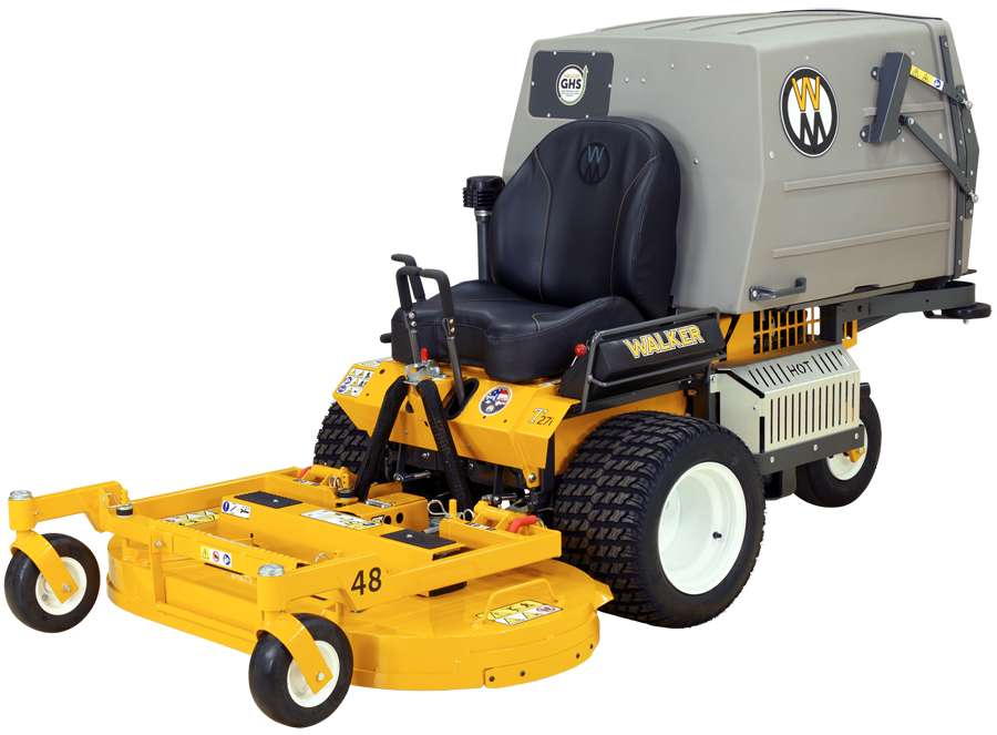 A Walker T27i Zero Turn Collection Mower in yellow and black, equipped with a gray collection system at the rear. It features large black tires and cushioned seating for comfort. This commercial mower, powered by a Kohler Command Pro EFI engine, is designed for efficiency with its control levers and prominent Walker branding logos.