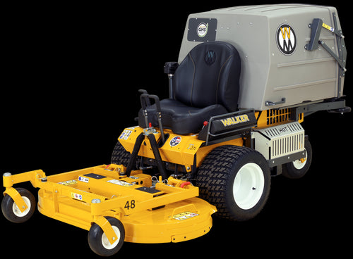 A Walker T27i Zero Turn Collection Mower in yellow and black, equipped with a gray collection system at the rear. It features large black tires and cushioned seating for comfort. This commercial mower, powered by a Kohler Command Pro EFI engine, is designed for efficiency with its control levers and prominent Walker branding logos.