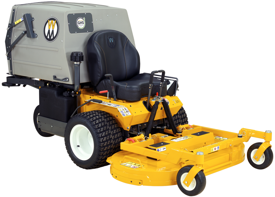 A Walker T27i Zero Turn Collection Mower in yellow and black, equipped with a gray collection system at the rear. It features large black tires and cushioned seating for comfort. This commercial mower, powered by a Kohler Command Pro EFI engine, is designed for efficiency with its control levers and prominent Walker branding logos.