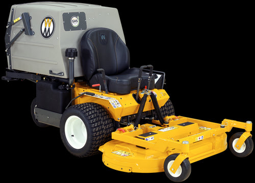 A Walker T27i Zero Turn Collection Mower in yellow and black, equipped with a gray collection system at the rear. It features large black tires and cushioned seating for comfort. This commercial mower, powered by a Kohler Command Pro EFI engine, is designed for efficiency with its control levers and prominent Walker branding logos.