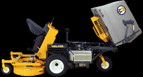 A Walker T27i Zero Turn Collection Mower in yellow and black, equipped with a gray collection system at the rear. It features large black tires and cushioned seating for comfort. This commercial mower, powered by a Kohler Command Pro EFI engine, is designed for efficiency with its control levers and prominent Walker branding logos.