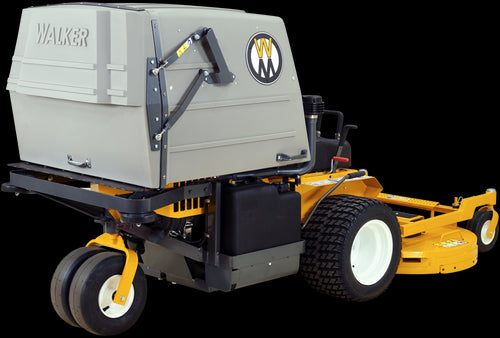 A Walker T27i Zero Turn Collection Mower in yellow and black, equipped with a gray collection system at the rear. It features large black tires and cushioned seating for comfort. This commercial mower, powered by a Kohler Command Pro EFI engine, is designed for efficiency with its control levers and prominent Walker branding logos.