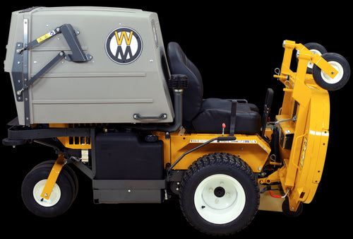 A Walker T27i Zero Turn Collection Mower in yellow and black, equipped with a gray collection system at the rear. It features large black tires and cushioned seating for comfort. This commercial mower, powered by a Kohler Command Pro EFI engine, is designed for efficiency with its control levers and prominent Walker branding logos.