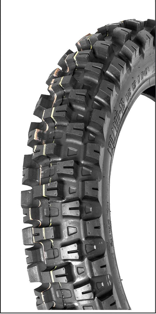 A close-up view of a 110 90 19 MOTOZ TYRE ARENA HYBRID - FOR ENDURO CROSS EXTREME ENDURO TECHNICAL CLOSED CIRCUIT EVENTS on an off-road motorcycle, showcasing its rugged tread pattern designed for optimal traction on diverse terrains. The tire features deep grooves and robust knobs for enhanced durability and performance, perfect for Extreme Enduro adventures.