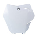 A NUMBERPLATE RTECH GASGAS MC125 MC250 MC250F MC350F MC450F WHITE with a clean, angular design. The plate has a rectangular shape with slightly curved edges and features a small, centered rectangular hole at the top for mounting purposes, making it perfect for your GasGas dirt bike.