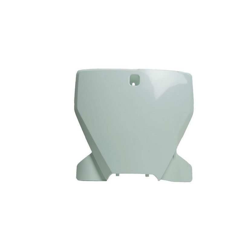 The NUMBERPLATE RTECH HUSQVARNA TC125 TC250 FC250 FC350 FC450 FX350 FX450 TX300 19-21 TX300I 20-21 WHITE, by RTECH, is made from white plastic and features an angular design with a central hole at the top. Its aerodynamic shape gives it a sleek appearance, reminiscent of a contemporary numberplate against a plain background.