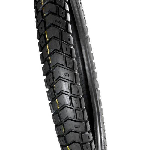 Image of the TYRE 120/70-19 MOTOZ GPS featuring a rugged tread pattern designed for traction. The tyre has alternating rectangular and square tread blocks, with two yellow lines running along the surface to indicate its type or usage specifications. Ideal for long mileage, this model ensures smooth transitions from pavement to gravel to dirt.