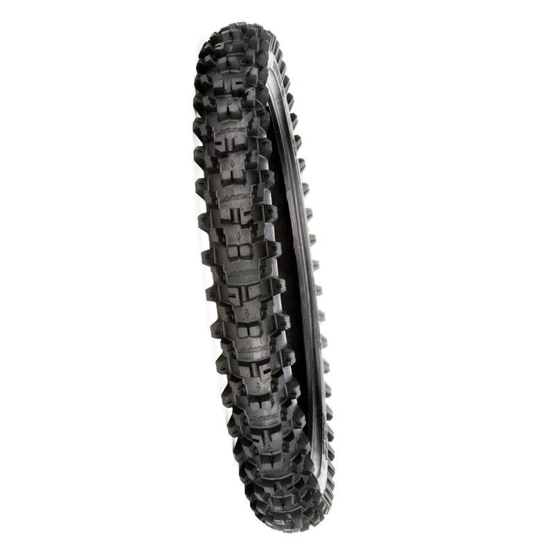 A close-up image of a rugged, off-road motorcycle tire with prominent tread patterns, designed for enhanced grip and traction on intermediate to hard terrain. The tire’s name, "MOTOZ," and the model "TYRE 60/100-14 MOTOZ TERRAPACTOR NHS INTERMEDIATE" are visible on the sidewall, highlighting the brand. The background is white.