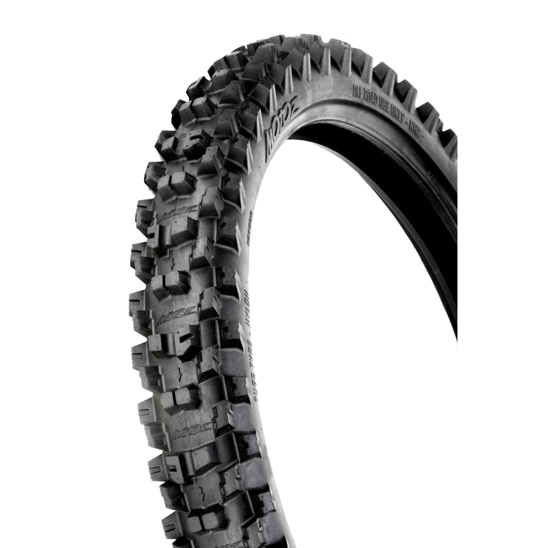 A close-up image of a rugged, off-road motorcycle tire with prominent tread patterns, designed for enhanced grip and traction on intermediate to hard terrain. The tire’s name, "MOTOZ," and the model "TYRE 60/100-14 MOTOZ TERRAPACTOR NHS INTERMEDIATE" are visible on the sidewall, highlighting the brand. The background is white.