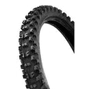 A close-up of the rugged MOTOZ TYRE 70/100-19 TPS off-road tire features deep angular treads designed for exceptional traction. Positioned at an angle against a plain white background, it highlights its textured surface and robust build.
