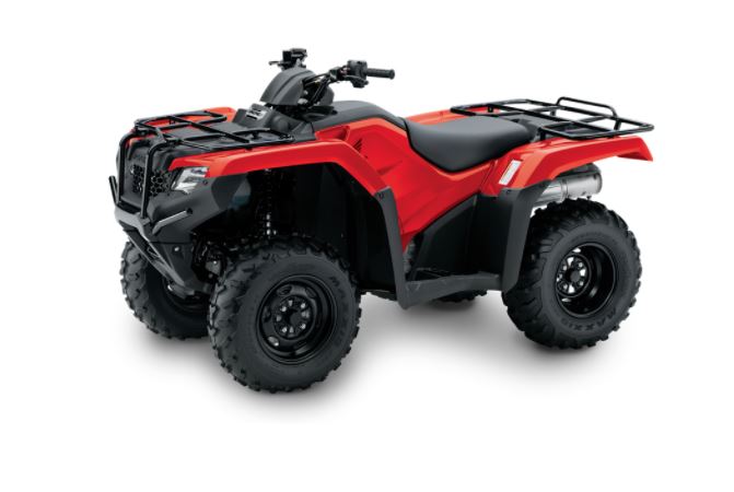 A Honda TRX420TM1 ATV featuring a red body with black detailing and sturdy tires. It is equipped with front and rear storage racks, handlebars, and a black seat. Displayed against a white background, this ATV emphasizes its robust and rugged design.
