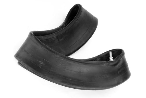 A black, slightly worn **HEAVY DUTY TUBE MOTOZ MADE FROM 100% HIGH GRADE NATURAL RUBBER 100,110-19 3.00,3.25-3.50X19** with a valve stem is folded in a twist on a white background. The natural rubber material showcases visible manufacturing marks and texture.
