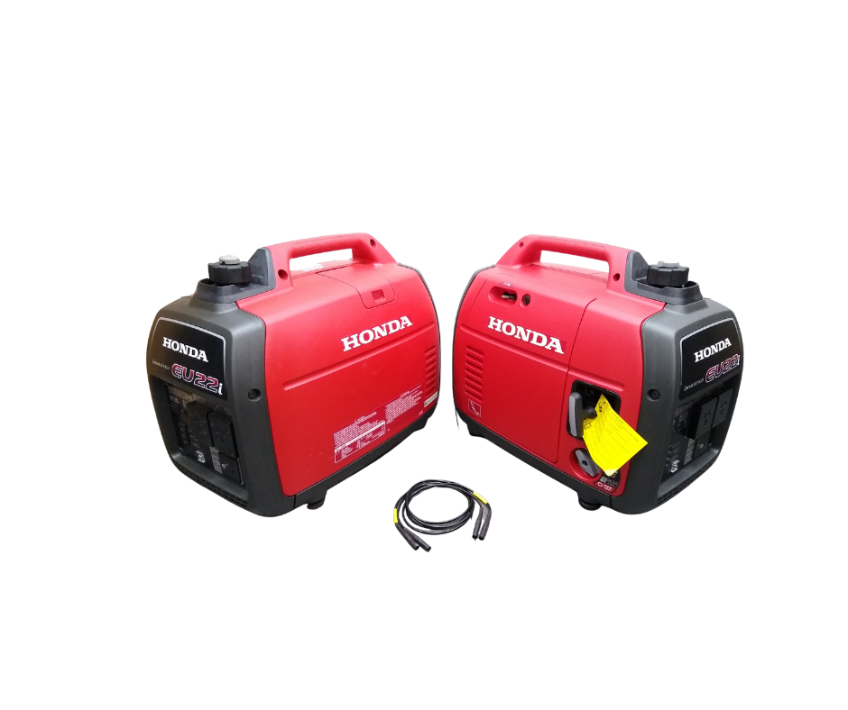 Image of two red Honda Power Equipment Honda EU22i Inverter Generator Bundles with handles, placed side by side on a white background. Each generator has a black control panel with various outlets and switches. A black and green connecting cable is placed in front of the generators, ready to supply electricity for civil or defense use.