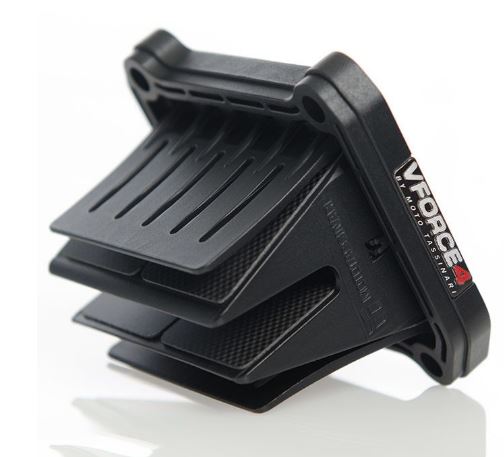 The image shows a black MOTO TASSINARI V FORCE 4 REED VALVE KIT for BETA250RR 13-17, 300RR 13-17, X TRAINER250, XTRAINER300 15-17, and KTM250SX 03-16. The system has a rectangular housing with multiple reed petals and features the VForce4 logo on the side. The device boasts a sleek, modern design with pronounced, angular components that optimize air velocity.