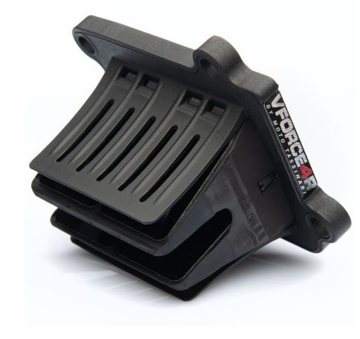 A close-up view of a V FORCE 4R REED KIT YAMAHA YZ125X 19-21 YZ125 05-22 motorcycle reed valve system by MOTO TASSINARI, highlighting its carbon fiber reed petals designed for increased airflow. The device is made from dark materials with multiple vertically aligned slots. The product brand name is visible on the side edge against a plain white background.